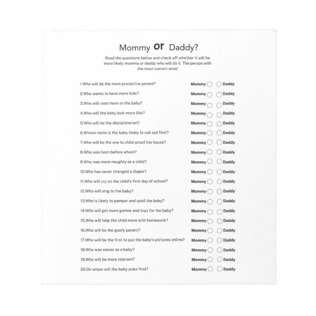 Bloc De Notas Género universal Neutral Baby Shower Mamá o Papá (Frente)