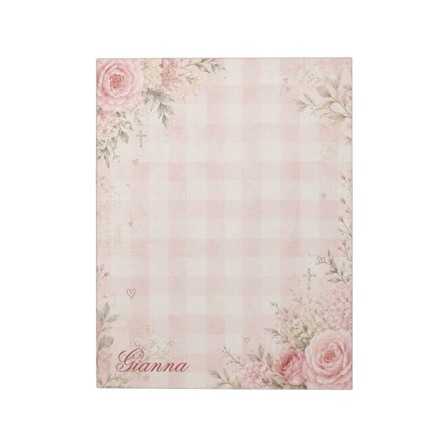 Bloc de notas gingham floral de fe con nombre pers (Lado Izquierdo)