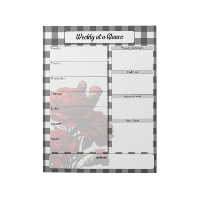 Bloc De Notas Gingham floral negra y blanca _ Semana a simple vi (Lado Izquierdo)