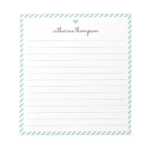 Bloc De Notas Girly Mint Green Stripe Feminine Script Heart Name