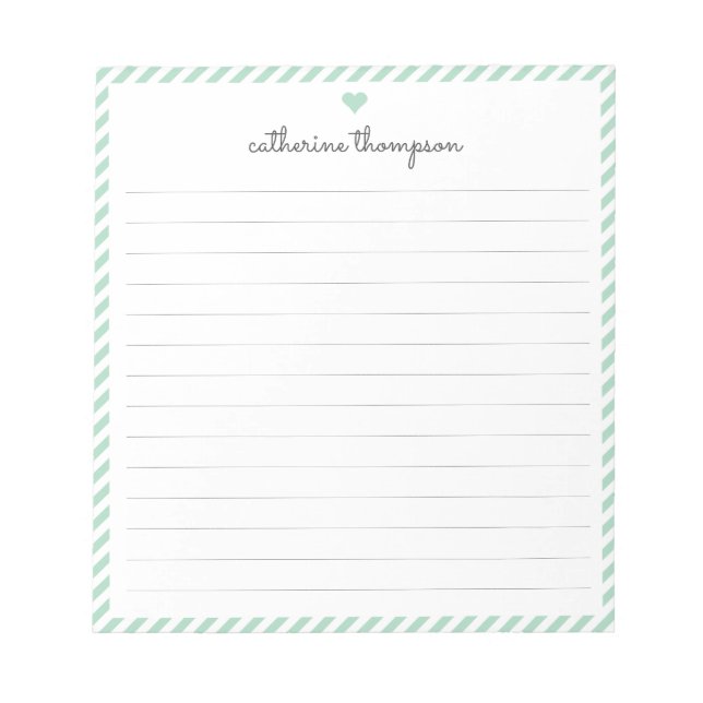Bloc De Notas Girly Mint Green Stripe Feminine Script Heart Name (Frente)