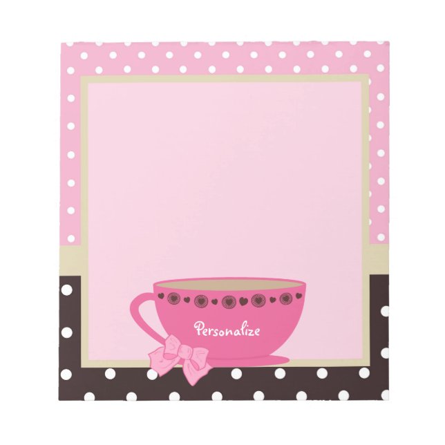 Bloc De Notas Girona Teacup Rosa y marrón Polka Dot Bow y nombre (Frente)