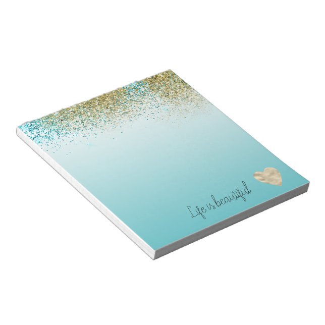 Bloc De Notas Gold Faux Glitter Aqua Ombre Heart   (Lado Derecho)