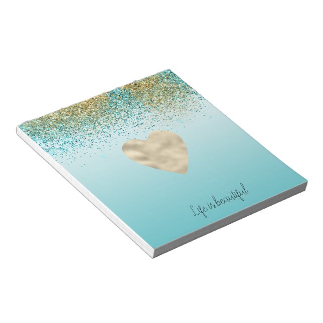 Bloc De Notas Gold Faux Purpurina Aqua Ombre Heart (Lado Derecho)