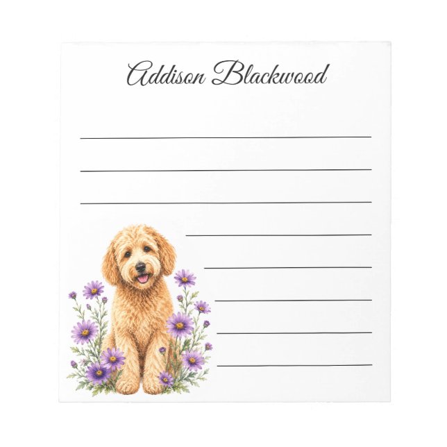 Bloc De Notas Goldendoodle Margaritas Moradas Personalizadas (Frente)