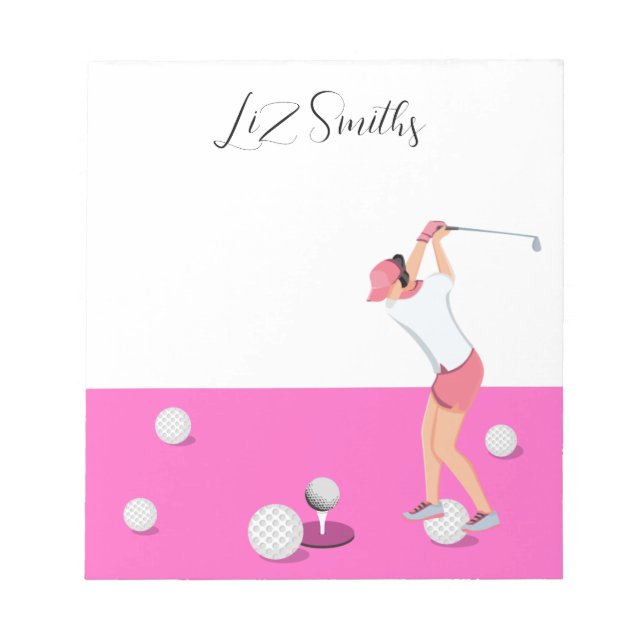 Bloc De Notas Golf con nombre para mujer golfista Tema rosado (Frente)