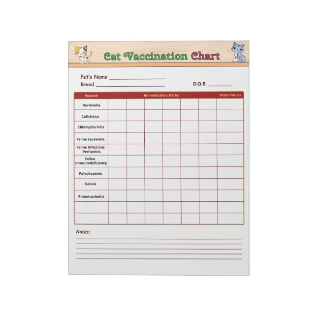 Bloc De Notas Gráfico de Vacunación de Gatos (Lado Izquierdo)