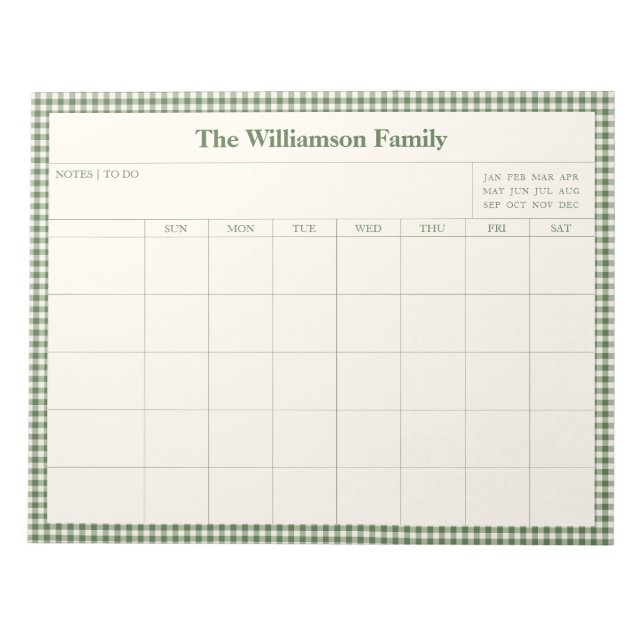 Bloc De Notas Green Gingham Plaid Month Family Planner Calendar  (Frente)