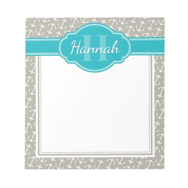 Bloc De Notas Grey White Anchor Pattern Teal Monogram (Frente)