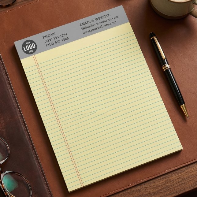 Bloc de notas gris con logotipo empresarial person (Professional Custom Business Logo Notepad with Yellow Ruled Lines)