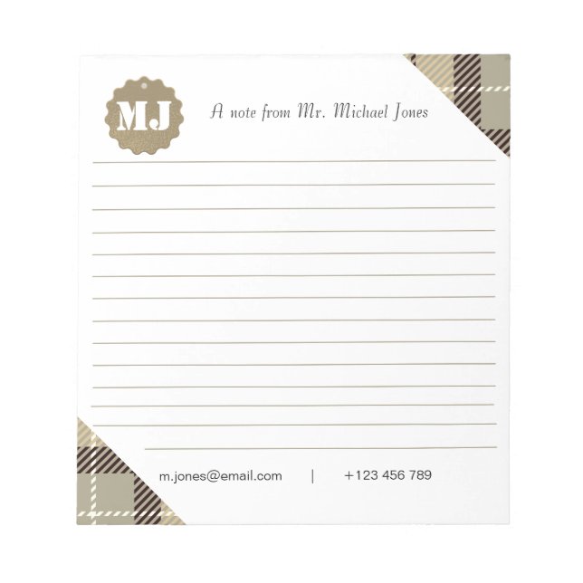 Bloc De Notas Guión de monograma profesional Tartán en línea (Frente)