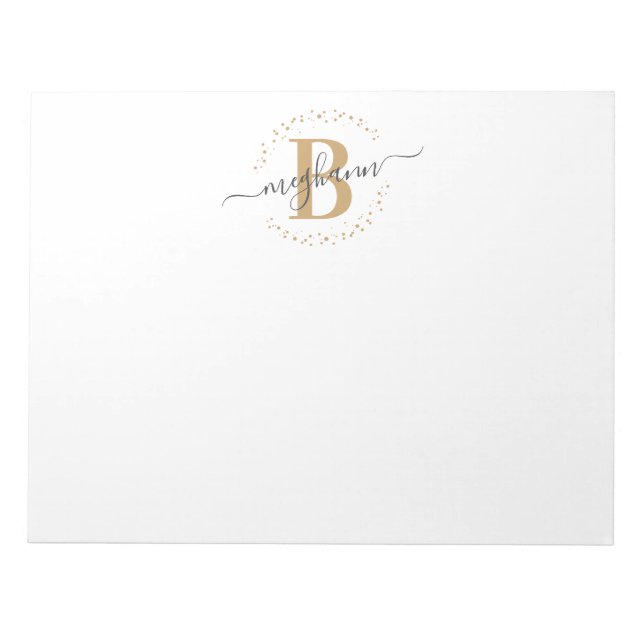 Bloc De Notas Guión Monogramado de nombre dorado blanco Girly Mo (Frente)