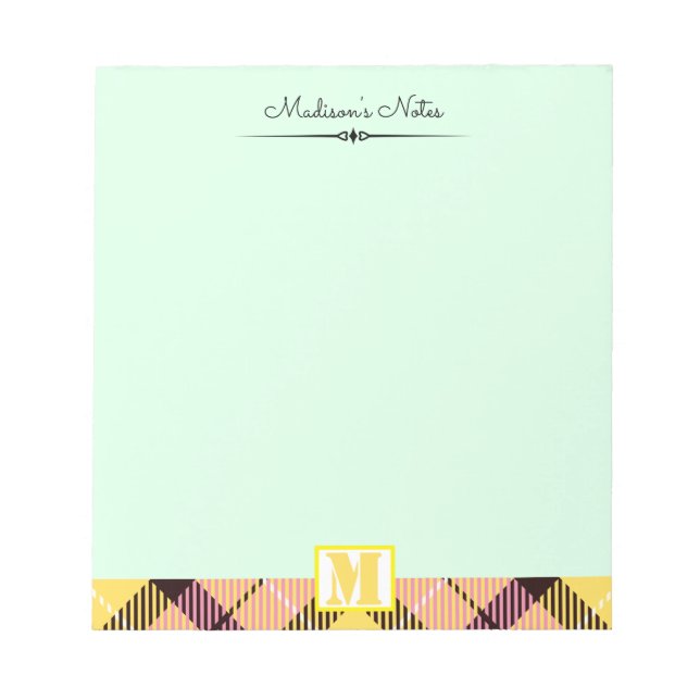 Bloc De Notas Guión Personalizado Tartán amarillo rosa Monograma (Frente)