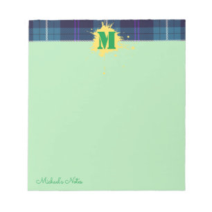 Bloc De Notas Guión personalizado Tartán Splash Monograma Verde