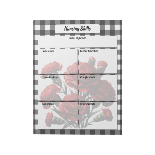 Bloc De Notas Habilidades de Gingham_ Enfermería floral negra y  (Lado Izquierdo)