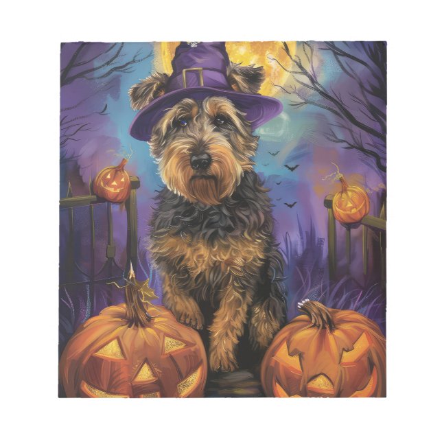 Bloc De Notas Halloween, bruja y calabaza de Airedale (Frente)