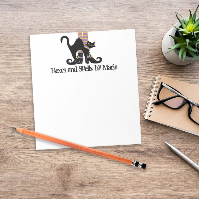 Bloc De Notas Halloween Cute Whimsical Witch Shoes Black Cat (Spooky witch cat Halloween desk stationery with personalized name header.)