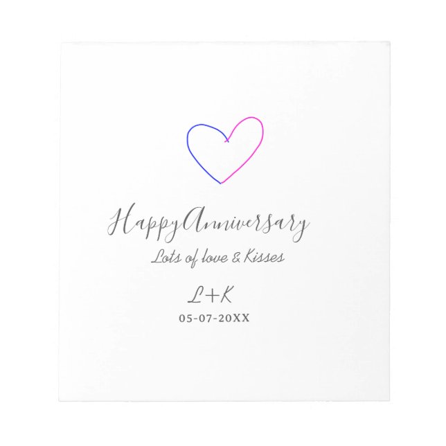 Bloc De Notas Happy anniversary pink blue heart name date simple (Frente)