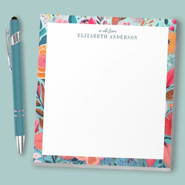 Bloc De Notas Hermoso marco floral botánico femenino (A pretty custom notepad with a bright colorful floral border. Personalize it with your name.)