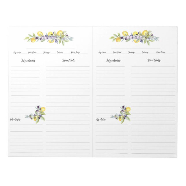 Bloc De Notas Hierbas toscanas Lemons Mini Binder Recipe Páginas (Frente)