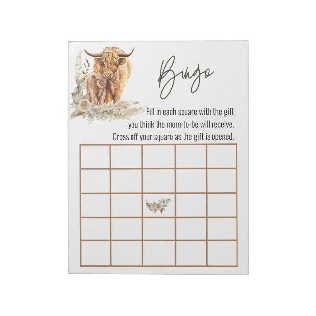 Bloc De Notas Highland Cow Baby Shower Bingo Boho (Lado Izquierdo)