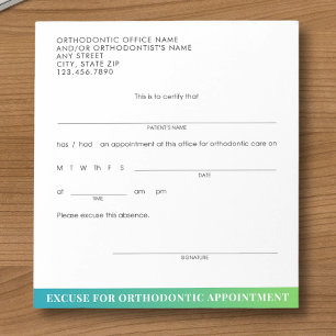 Bloc De Notas Hoja de Excusa de Cita Ortodóntica Dental Moderna