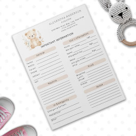 Bloc De Notas Hoja de información de Boho Watercolor Bear Babysi