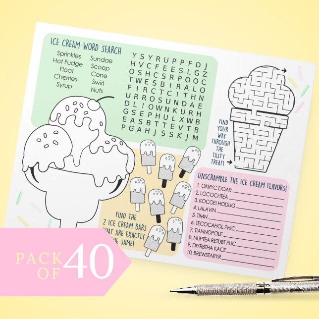 Bloc De Notas Hojas de Actividades de Helado para Niños Paquete  (Watercolor Ice Cream Coloring Activity Sheets for Birthday Party, Baby Shower or Bridal Showers)