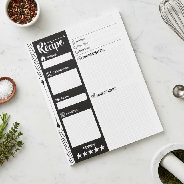 Bloc De Notas Hojas modernas en blanco y negro | Páginas de rece (Blank Cooking Paper for DIY Cookbook & Personalized Meal Organizer | 40 sheets | Family Owned Brand)