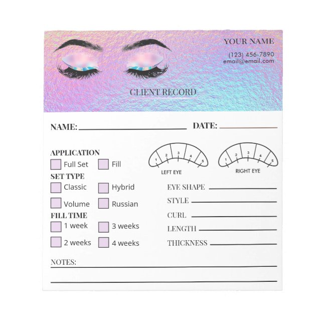 Bloc De Notas Holographic Eyelash Client Record Form (Frente)