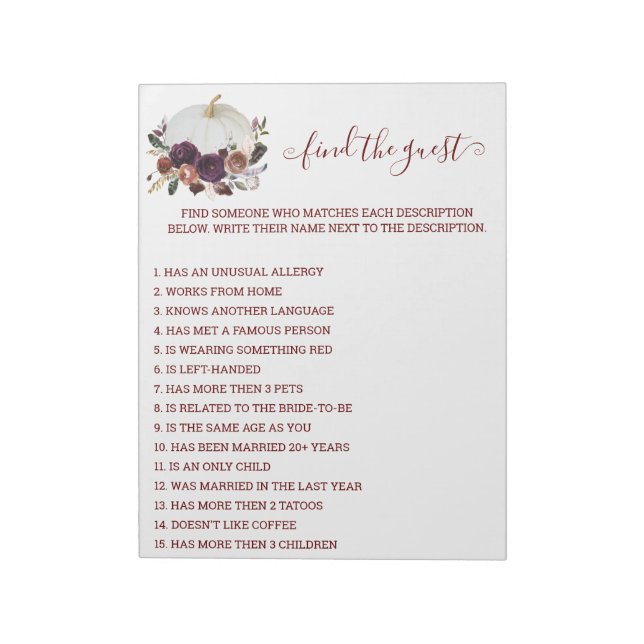 Bloc De Notas Huéspedes en la Calabaza de Ducha Bridal de Otoño (Lado Izquierdo)