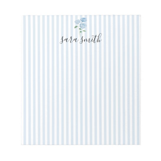 Bloc De Notas Hydrangea Azul con Nombre Personalizado a Rayas (Frente)