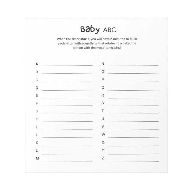 Bloc De Notas Juego Baby Shower ABC Universal Neutral de Género (Frente)