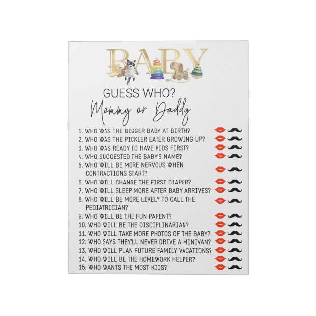 Bloc De Notas Juego de Baby Shower adivina quién juguetea el oro (Lado Izquierdo)