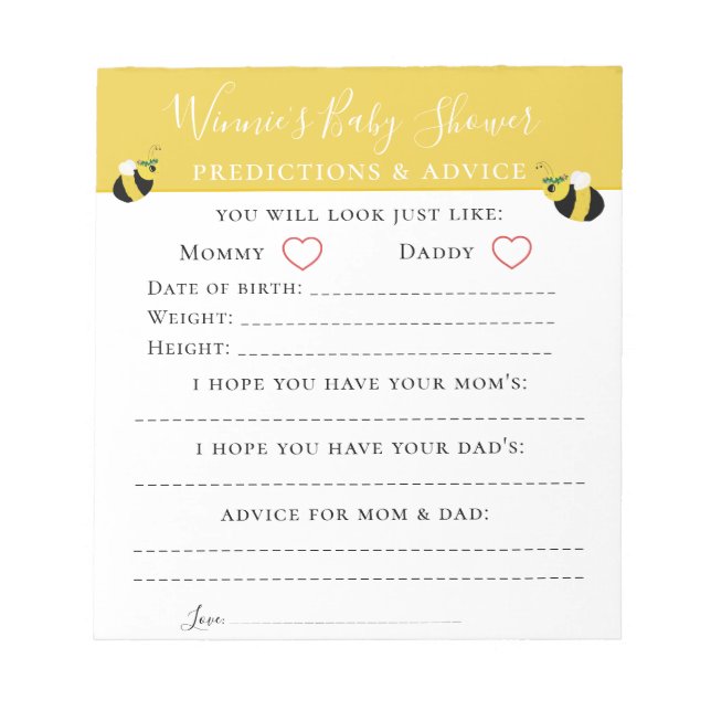 Bloc De Notas Juego de Baby Shower de consejos y predicciones pa (Frente)