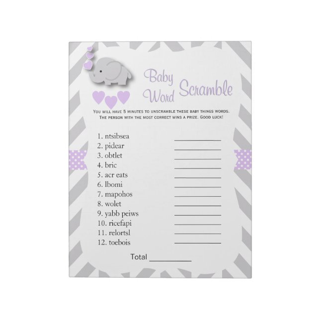 Bloc De Notas Juego de Baby Shower Lavender and Gray Elephant (Lado Izquierdo)