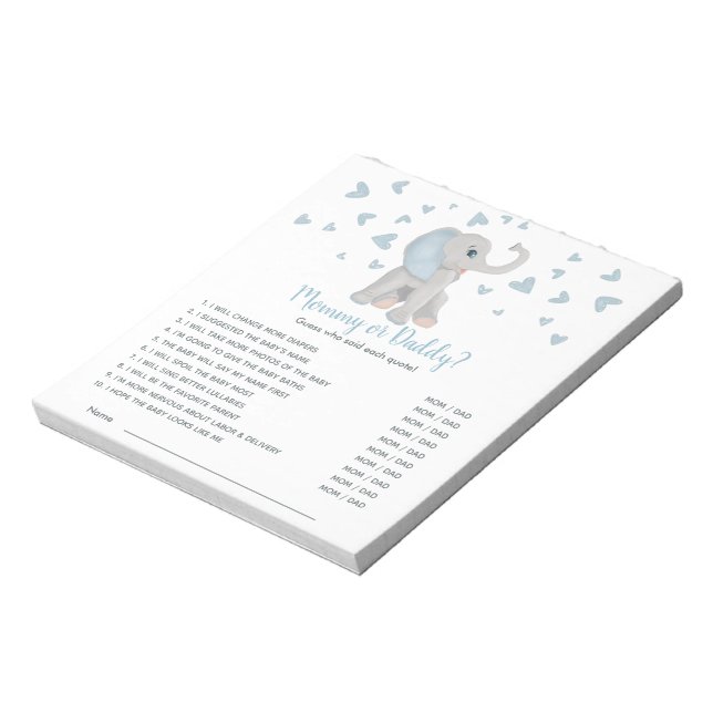 Bloc De Notas Juego de Baby Shower para Elefantes Gris Azules Ad (Lado Izquierdo)