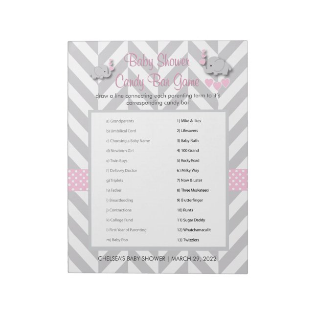 Bloc De Notas Juego de Baby Shower para Elefantes Rosa y Gris (Lado Izquierdo)