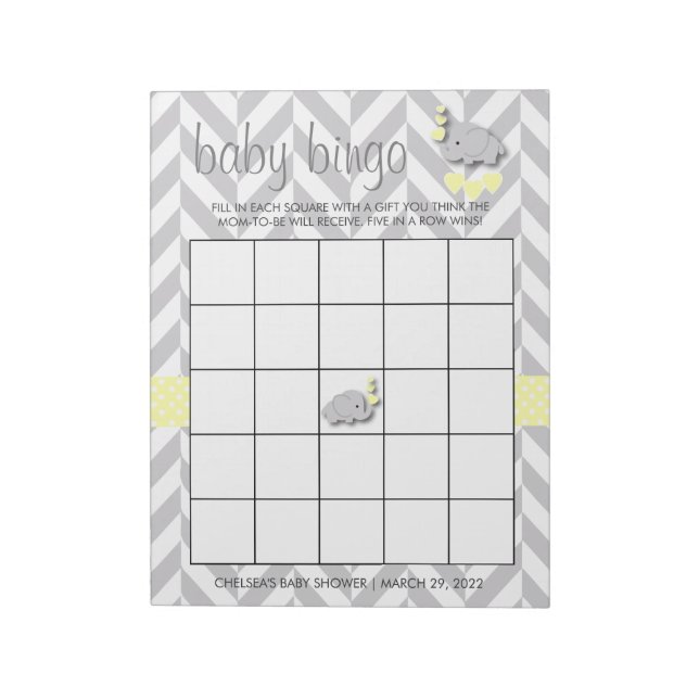Bloc De Notas Juego de Bingo Baby Shower para Elefantes Amarillo (Lado Izquierdo)
