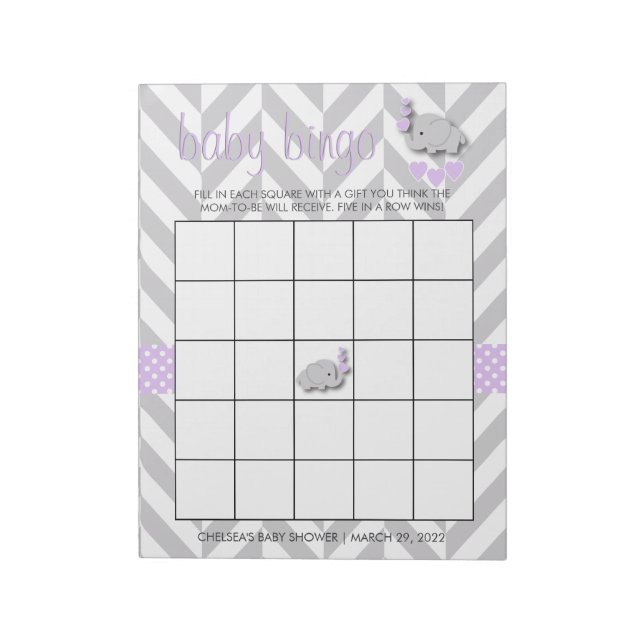 Bloc De Notas Juego de Bingo Baby Shower para Elefantes Púrpura  (Lado Izquierdo)