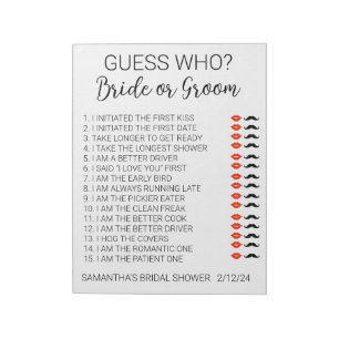 Bloc De Notas Juego de ducha de novia adivina quién