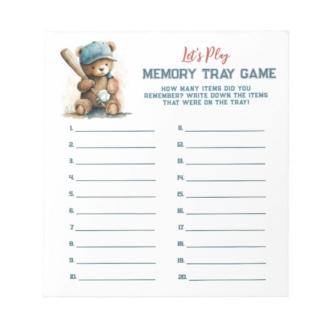 Bloc De Notas Juego de la bandeja de memoria Baby Shower de Tedd (Frente)