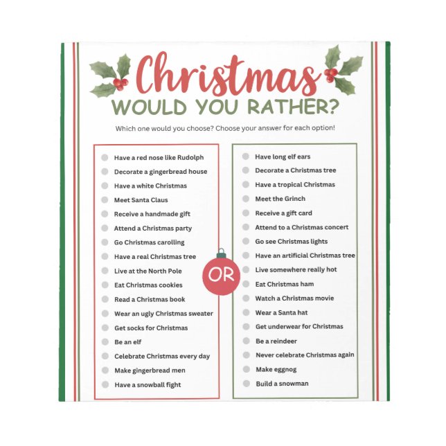 Bloc De Notas Juego de Navidad '¿Qué Preferirías?' (Frente)