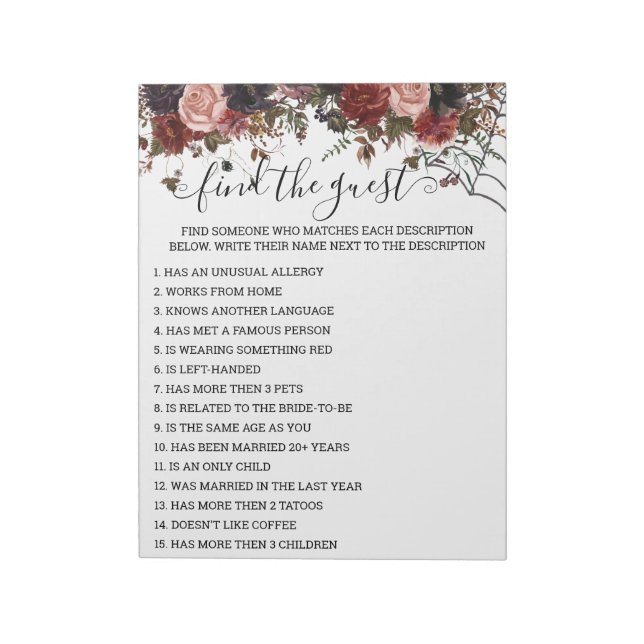 Bloc De Notas Juego Floral de Despedida de Soltera de Otoño Hall (Lado Izquierdo)