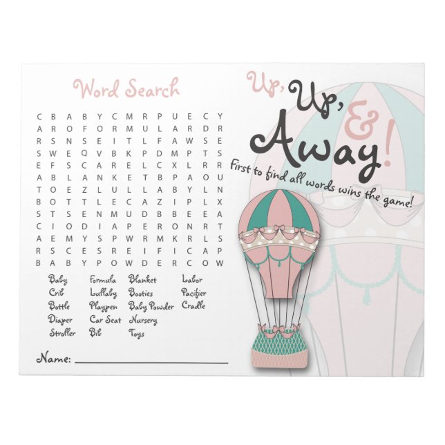 Bloc De Notas Juegos Baby Shower, búsqueda de palabras, globo de (Frente)