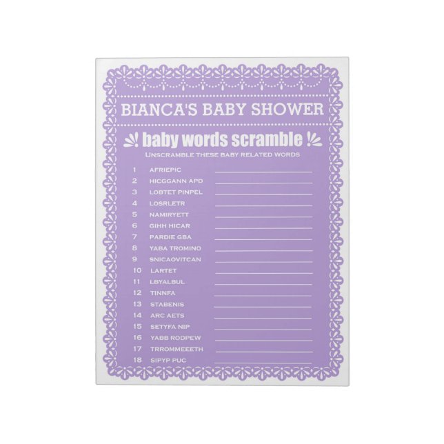 Bloc De Notas La palabra escaramullar Baby Shower púrpura papel  (Lado Izquierdo)