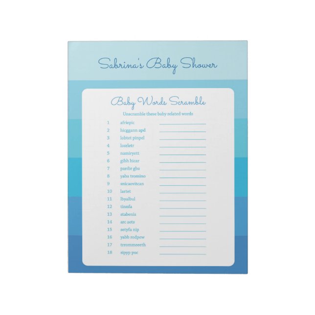 Bloc De Notas La palabra Scramble Blue Ombre Stripes Baby Shower (Lado Izquierdo)