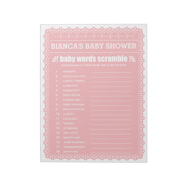 Bloc De Notas La palabra 'Scramble' Papel rosa Picado Baby Showe (Lado Izquierdo)