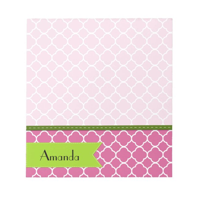 Bloc De Notas Latticework rosado, Quatrefoil, Trellis, Su Nombre (Frente)