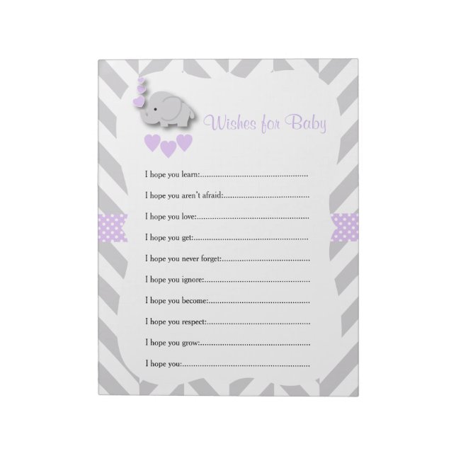Bloc De Notas Lavender and Gray Elephant Baby Shower - Wishes (Lado Izquierdo)